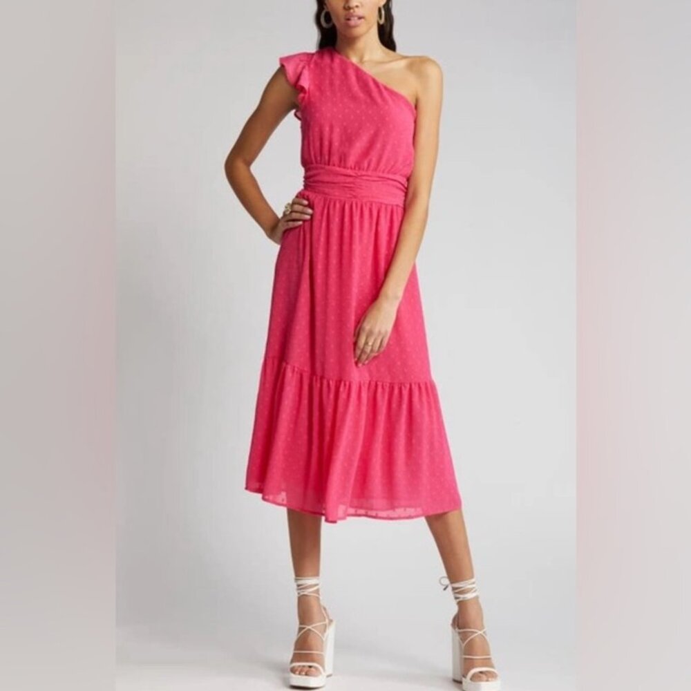 NWT Women's‎ CHELSEA 28 Swiss Dot One-Shoulder Midi Dress "Pink Rouge" | Size M